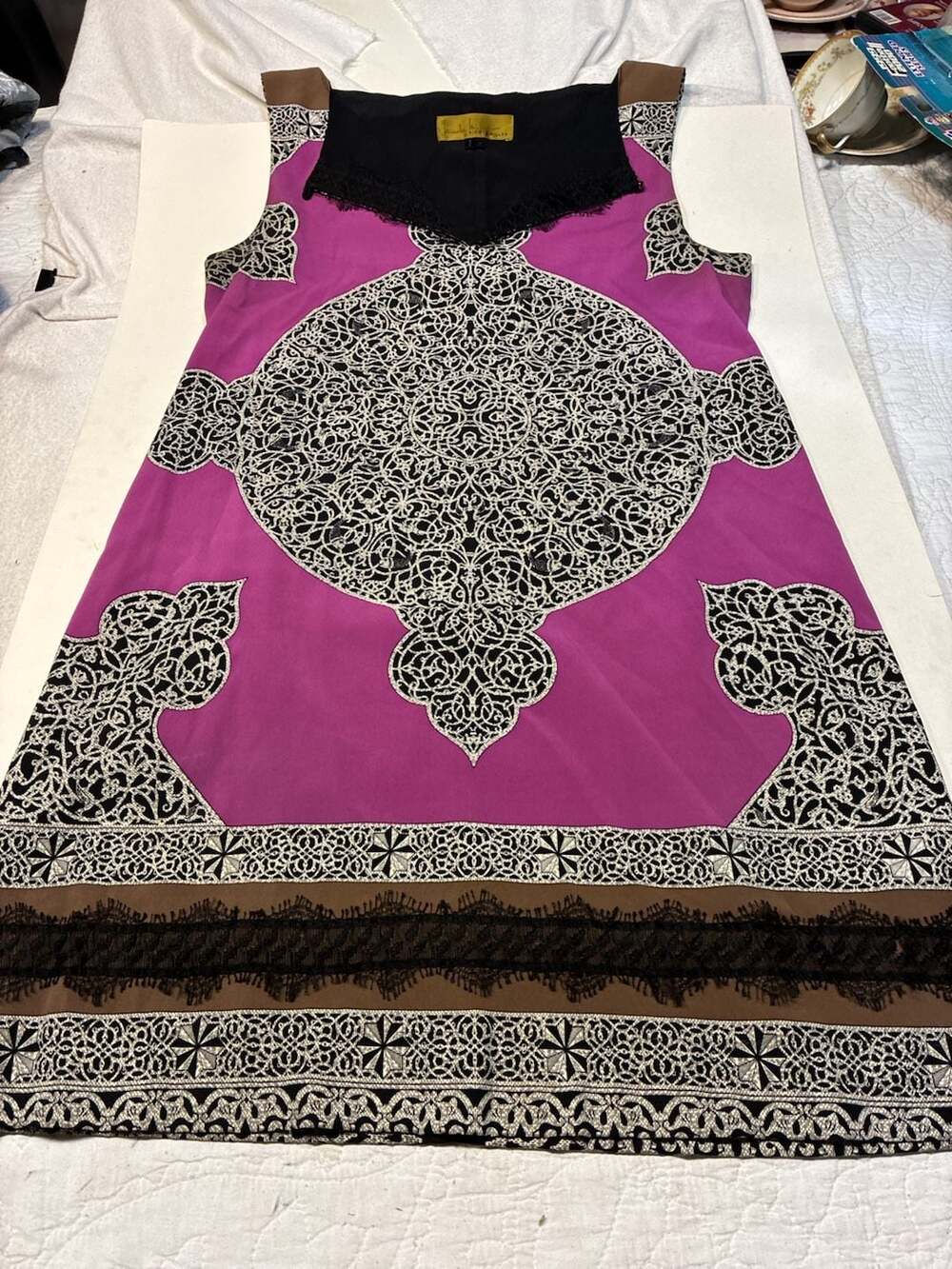 Nicole Miller Dress Size M Purple Black White Print Lace Trim